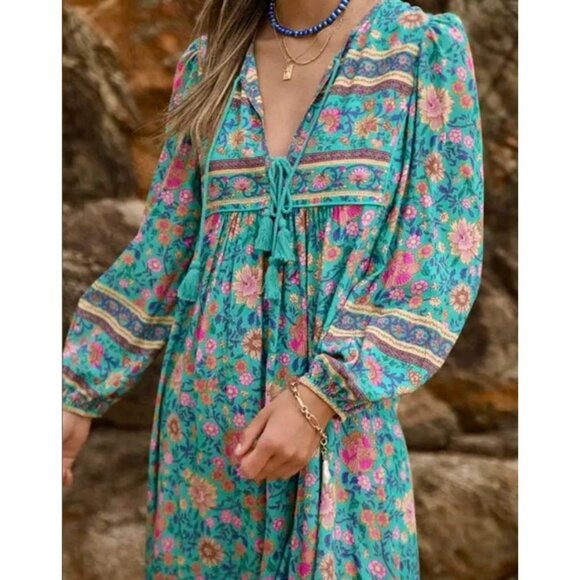 SPELL Folk Town Boho Midi Dress Turquoise Floral Long Sleeve RARE Small - Picture 3 of 16